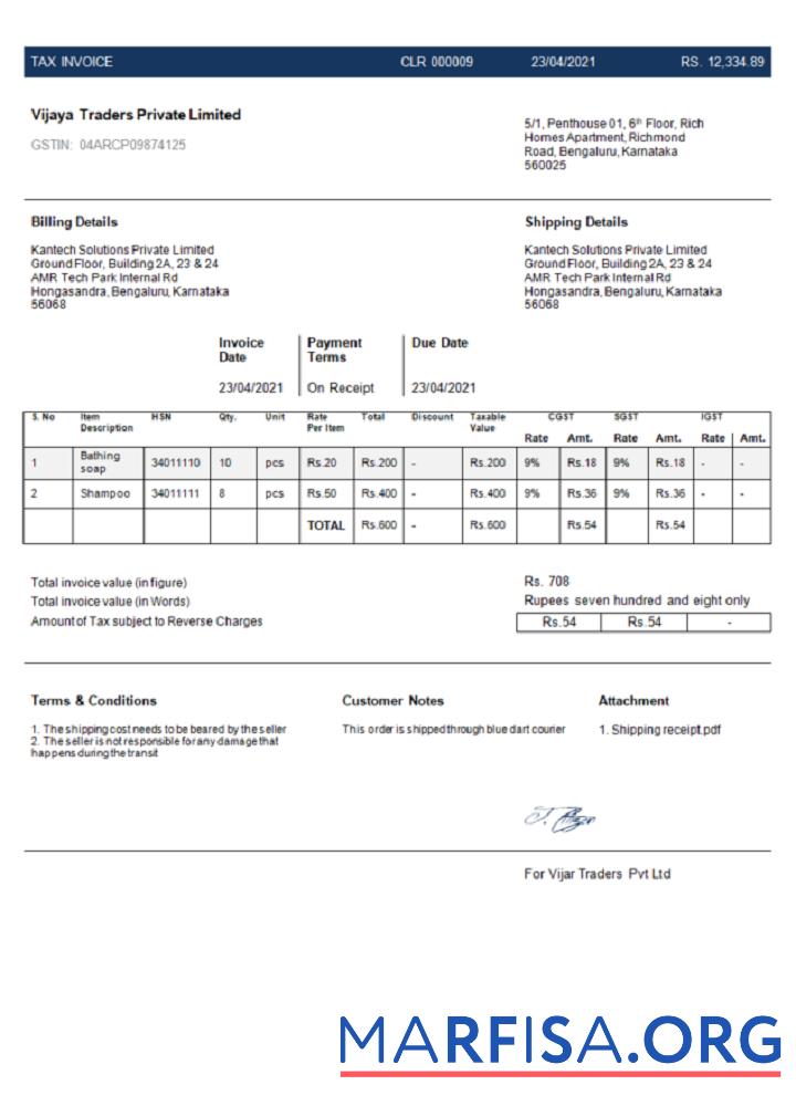 Realistic India Vijaya Traders Private Limited Company invoice sample